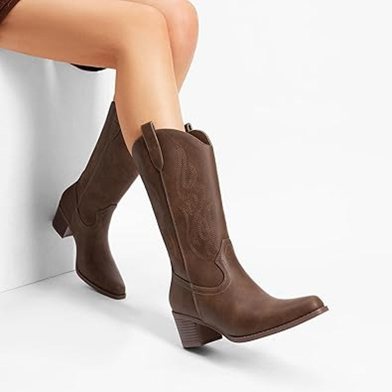 Dream Pairs Womens Size 8 Brown Faux Leather Embroidered 2.5" Heel Cowboy Boots