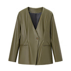 Women's Long-sleeved V-neck Leather Jacket