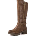 New Global Win Women Size 6.5 Brown Faux Leather Knee High Chunky Low Heel Boots