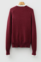 Burgundy Contrast Lace Frilled Trim Raglan Sleeve Sweater