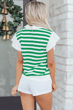 Pink Stripe Collar V Neck Ruffled Short Sleeve Blouse