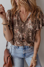 Khaki Retro Floral Print Tassel Tie Split Neck Short Sleeve Blouse