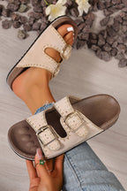 Camel Embroidered Trim Retro Buckle Faux Suede Slippers