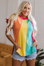 Rose Red Color Block Ruffled Crew Neck Loose Fit T Shirt