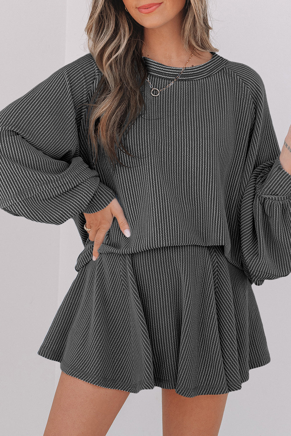 Jet Stream Corded Lantern Sleeve Top High Waist Ruffled Mini Skirt Set