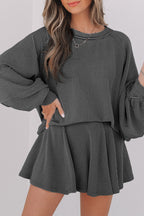 Jet Stream Corded Lantern Sleeve Top High Waist Ruffled Mini Skirt Set