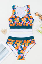 Green Floral Print Racerback High Waist Bikini Swimwear