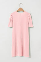 Bright Pink Corded Crew Neck Puff Sleeve Mini Dress