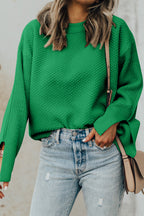 Parchment Solid Textured Knit Split Cuff Drop Shoulder Loose Sweater