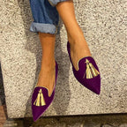 Women's Suede Pointed Toe Tassel Flats – Shallow Mouth Low Heel Casual Shoes