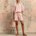 Women's Bubble-Sleeve Top & Drawstring Shorts Set