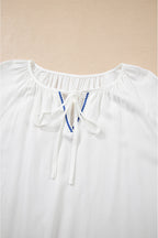 White Floral Embroidered Drawstring V Neck Blouse