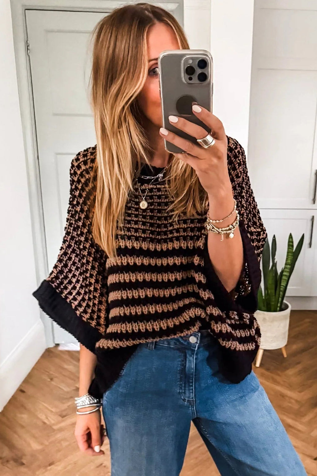 Red Stripe 3/4 Draped Sleeve Slouchy Sweater