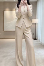 Waist-Grabbing Beige Coat and Wide Leg Pants Set
