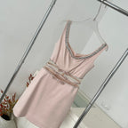 Blush Tone Sleeveless Rhinestone Collar Bow Waist Bridesmaid Cocktail Dress