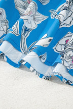 Sky Blue V Neck Floral Print 3/4 Puff Sleeve Blouse