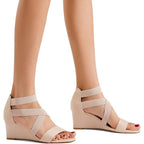 Dream Pairs Womens 8 Tan Faux Suede Elastic Ankle Strap 2.5" Wedge Heel Shoes