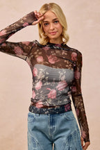BiBi Flower Printed Mesh Lace Top with Thumb Opening