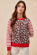 BiBi Leopard With Stripe Combo Buttoned Cardigan