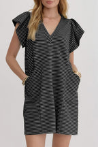 Blue Stripe Textured Knit V Neck Flutter Sleeve Shift Mini Dress