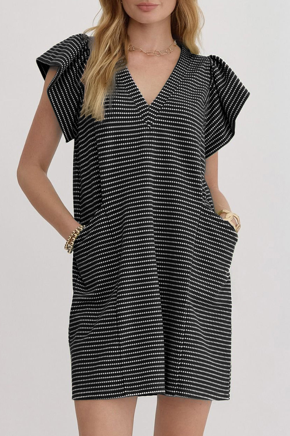 Blue Stripe Textured Knit V Neck Flutter Sleeve Shift Mini Dress