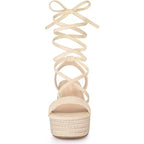 Allegra K Women Size 7 Tan 3" Heel Esoadrille LaceUp Wedge Platform Sandal Shoes