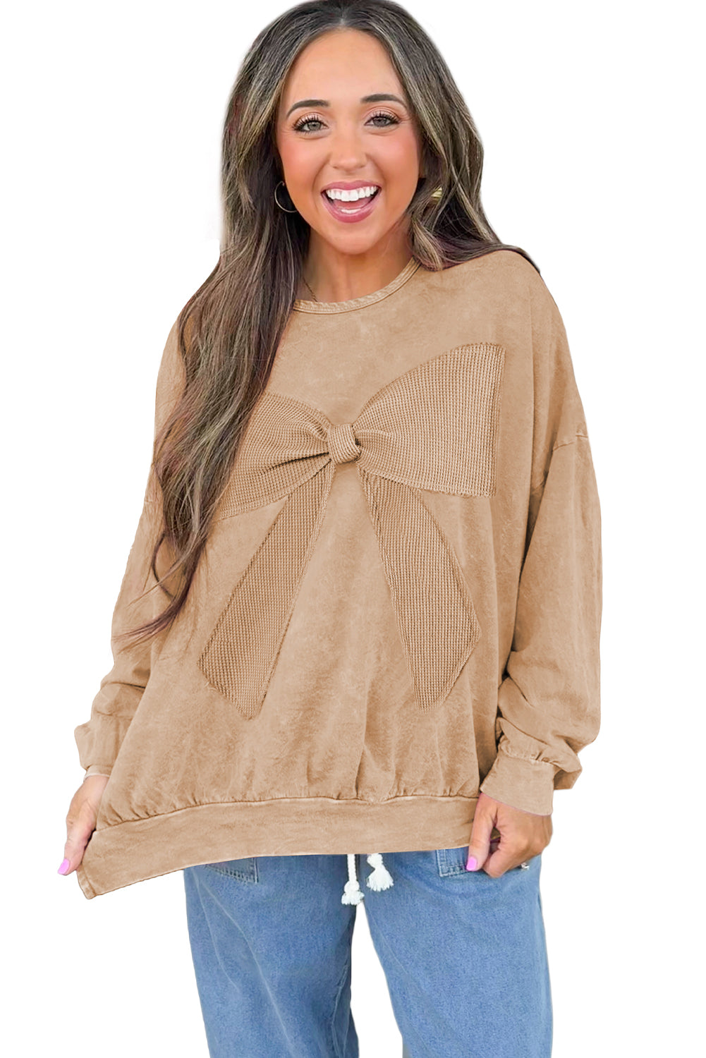 Orchid Bouquet Mineral Wash Waffle Bow Patched Pullover Sweatshirt