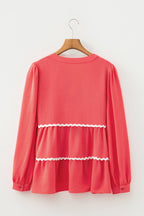 Coral Contrast Ricrac Trim V Neck Button Down Long Sleeve Shirt