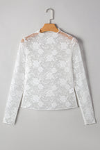 Apricot Pink Mock Neck Floral Lace Mesh Long Sleeve Top