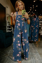 Beau Blue Floral Print Pleated High Waist Wide Leg Denim Jumpsuit