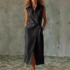 Women's Slim-Fit Sleeveless Stand Collar Pleated Midi Dress