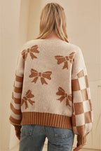 Straw Yellow Striped Checkered Sleeves Bow Print Knit Sweater
