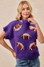 BiBi Gameday Sequin Football Patches Rib Banded Sweater