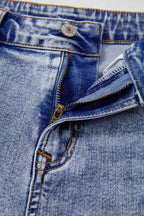 Beau Blue Pearl Studded Pocket Raw Hem Denim Shorts