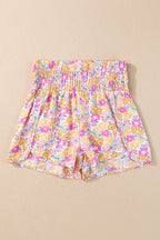 Pink Boho Floral Shirred High Waist Athletic Shorts