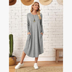 Women's Cotton Maxi Dress – Solid Color Long Sleeve A-Line with Pockets