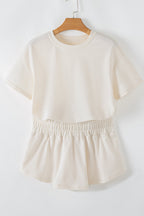 Beige 2pcs Cropped Tee and Ruffle High Waist Skort Set