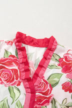 Rose Plus Size Floral Print Frilled Stripes Detail Short Sleeve Blouse