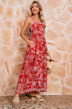 Red Floral Print Spaghetti Strap Empire Waist Maxi Dress