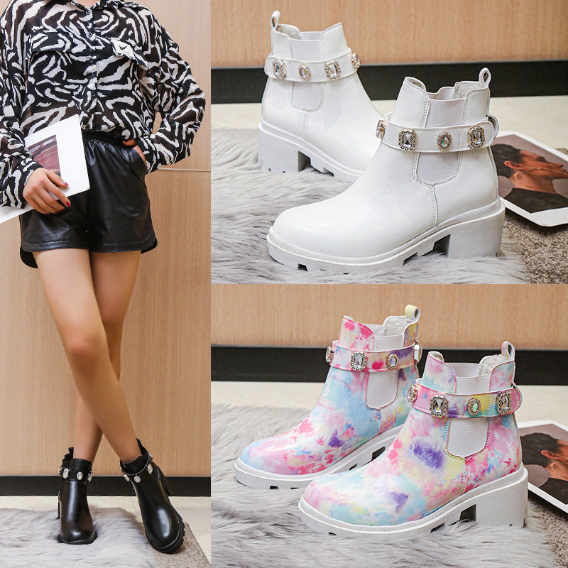 Rhinestone Chunky Heel Ankle Boots