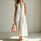 Cotton Halterneck Sleeveless Deep V-Neck Loose Straight-Line Dress