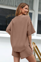 Rose Red Solid Color Waffled V Neck Loose Tee Drawstring Shorts Set