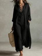 Women's Casual Long-Sleeve Linen Shirt Dress – Relaxed Fit
