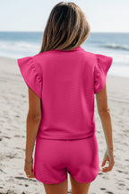 Strawberry Pink Striped Detail Flutter Sleeve Zipped Collar Short Set