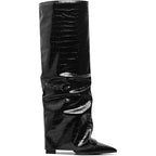 Synchoiss Womens 6 Black 4" Heel  Knee High Boots Faux Leather Foldover Shoes