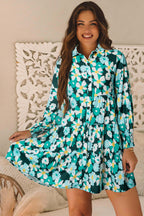 Green Floral Tiered Long Puff Sleeve Shirt Dress
