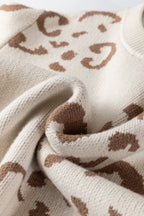 Camel Asymmetric Leopard Print Detail Drop Shoulder Sweater