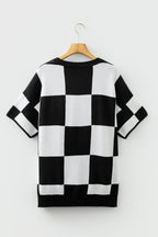 Light French Beige Checkered Pattern Loose Drop Shoulder Half Sleeve Sweater