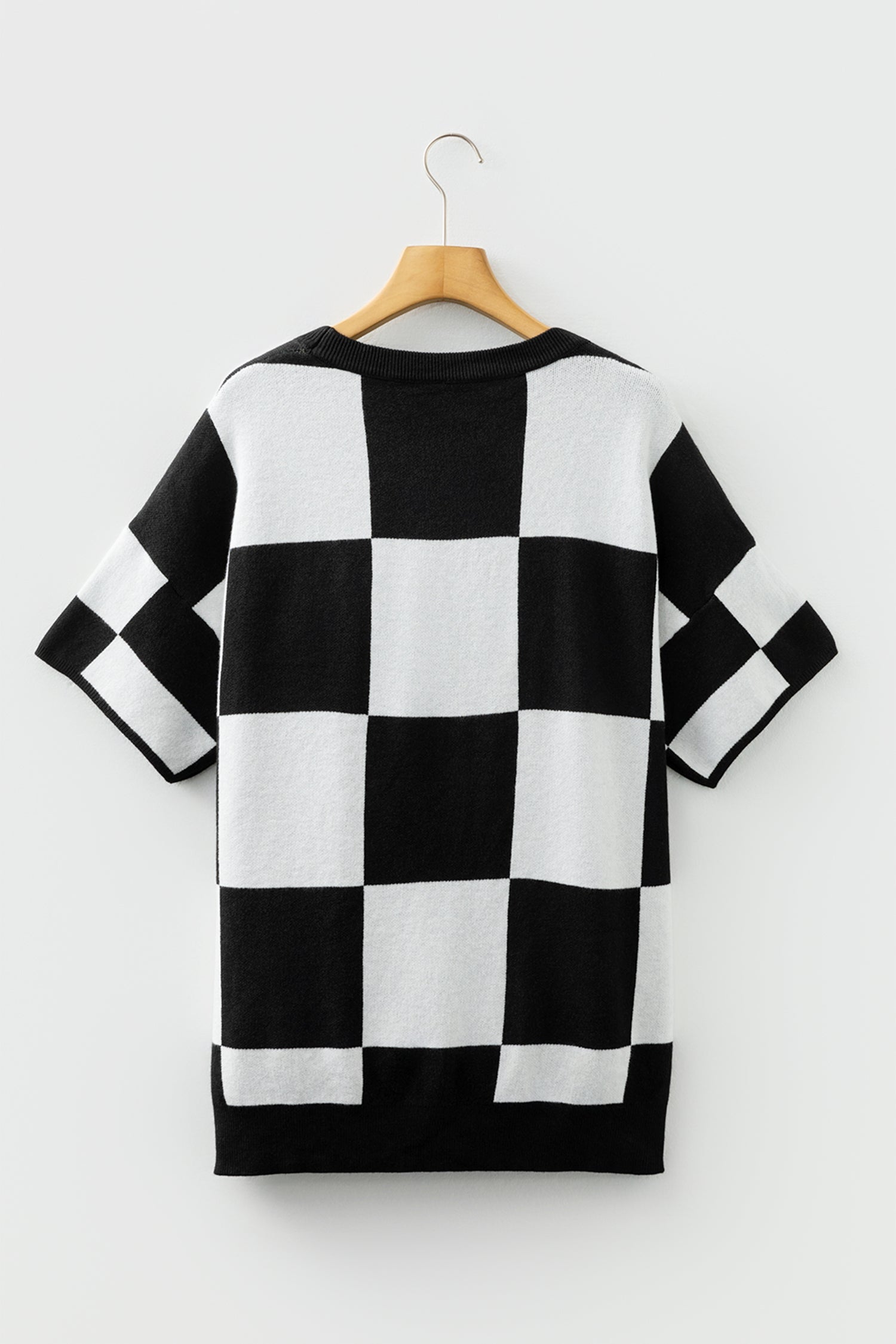 Light French Beige Checkered Pattern Loose Drop Shoulder Half Sleeve Sweater