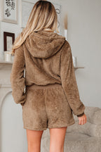 Parchment Zip Up Hoodie Drawstring Shorts Sherpa 2pcs Outfit